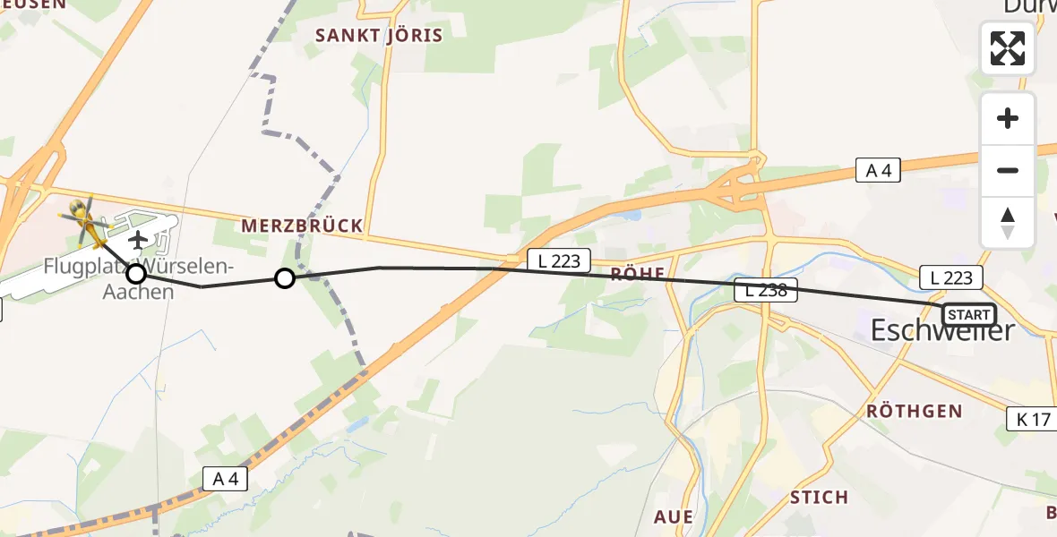 Flugroute Rettungshubschrauber Eschweiler - Aachen-Merzbrück Flughafen, 23 Juli 2026, 07:56