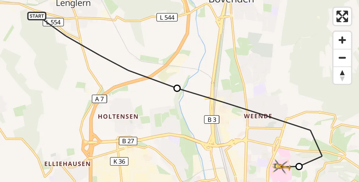 Flugroute Rettungshubschrauber Bovenden - Göttingen University Clinic Hubschrauberlandeplatz, 23 Juli 2026, 07:57