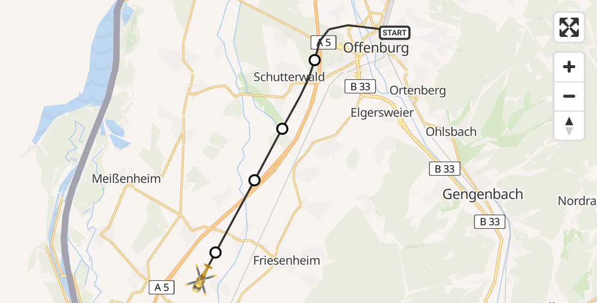 Flugroute Rettungshubschrauber Offenburg - Lahr Flughafen, 23 Juli 2026, 07:58