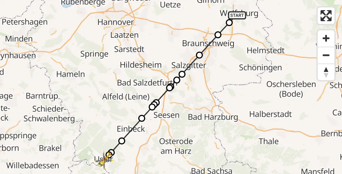 Flugroute Rettungshubschrauber Wolfsburg - Uslar, 23 Juli 2026, 07:58