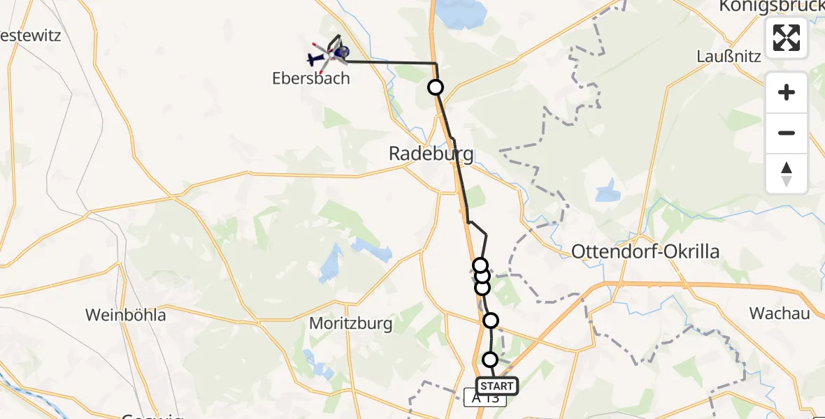 Flugroute Polizeihubschrauber Dresden Flughafen - Ebersbach, 23 Juli 2026, 08:00