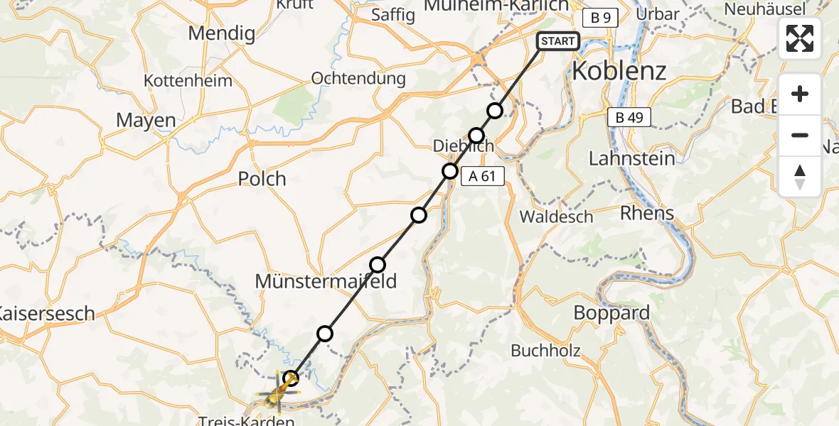 Flugroute Rettungshubschrauber Koblenz - Müden (Mosel), 23 Juli 2026, 08:07