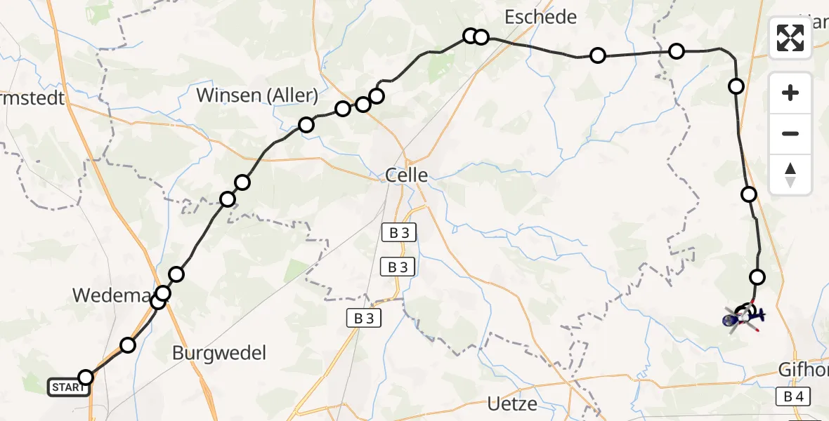 Flugroute Polizeihubschrauber Flughafen Hannover - Wilsche Segelflugfeld, 23 Juli 2026, 08:21