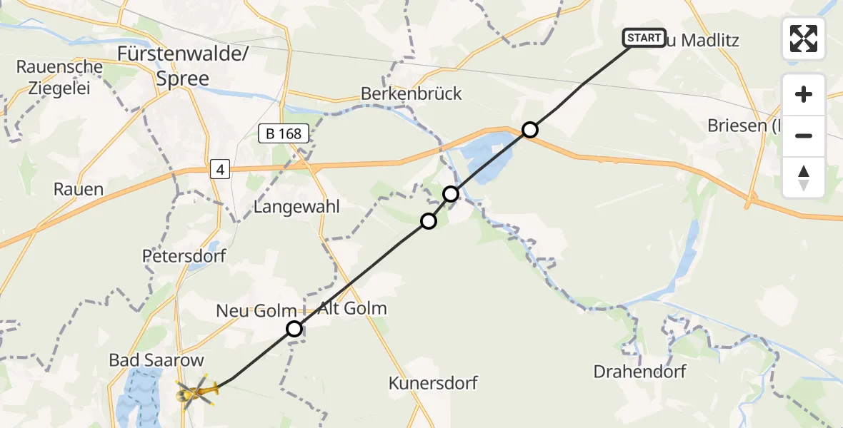 Flugroute Rettungshubschrauber Briesen (Mark) - Bad Saarow, 23 Juli 2026, 08:25
