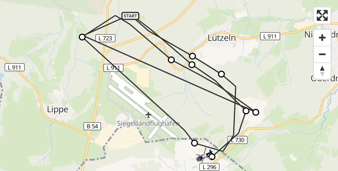 Flugroute Polizeihubschrauber Burbach - Siegerland Flughafen, 23 Juli 2026, 08:25