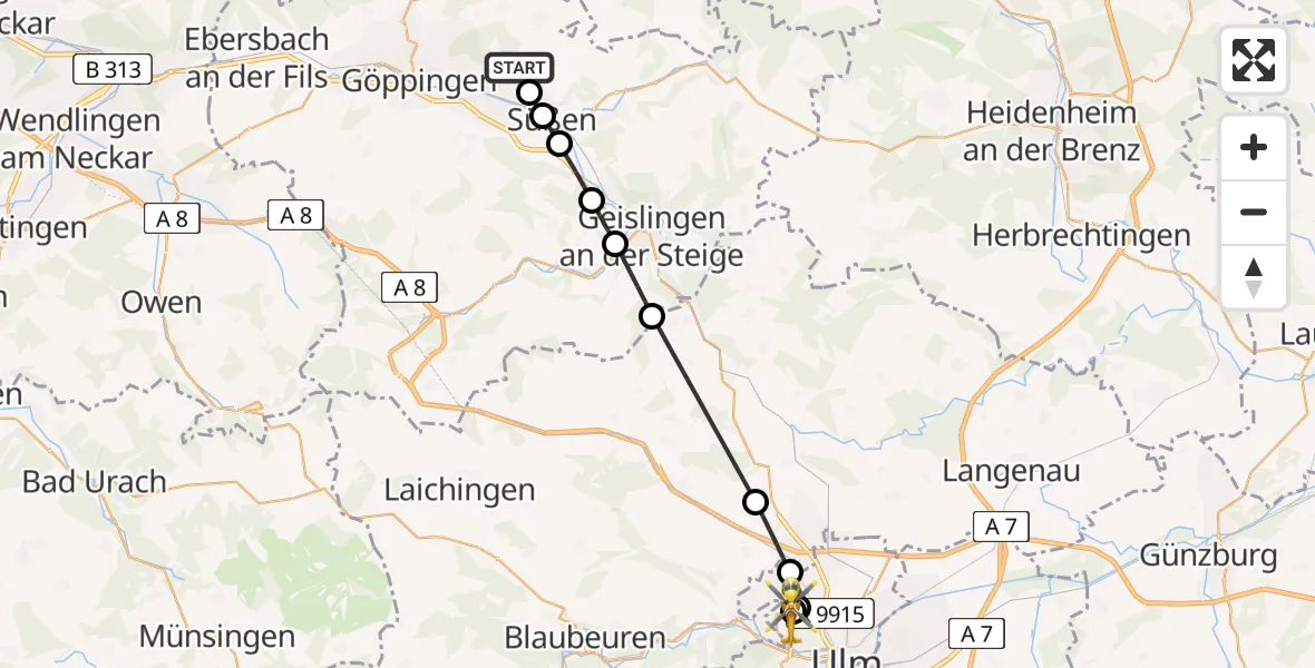 Flugroute Rettungshubschrauber Eislingen/Fils - Ulm Military Hospital Emergency, 23 Juli 2026, 08:26