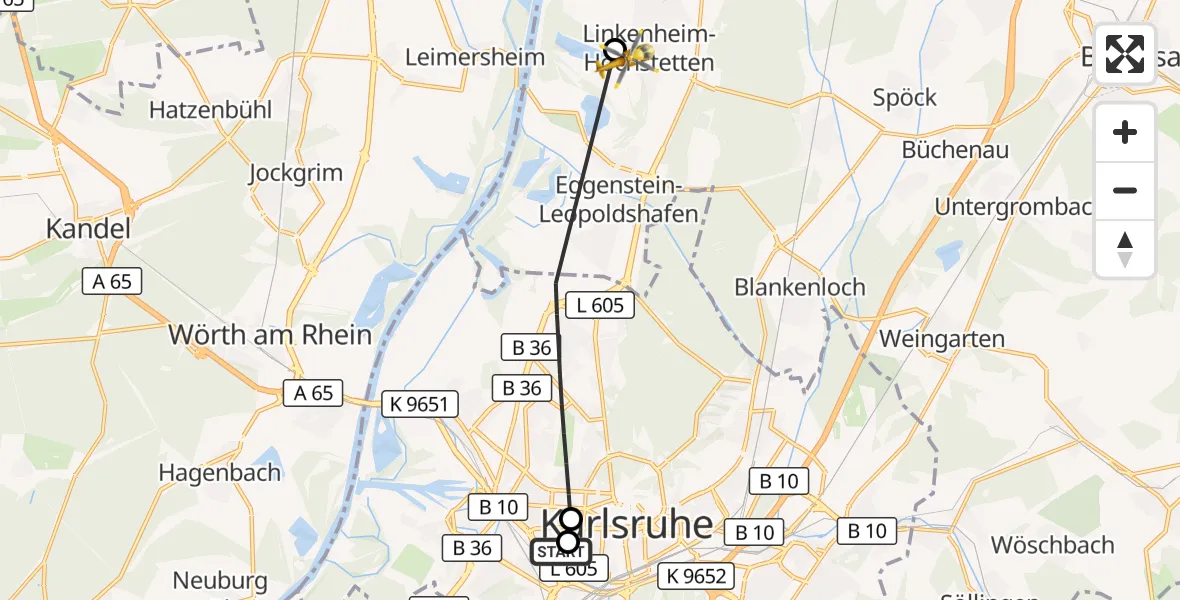Flugroute Ambulanzhubschrauber Sankt Vincentius Hospital - Linkenheim-Hochstetten, 23 Juli 2026, 08:27
