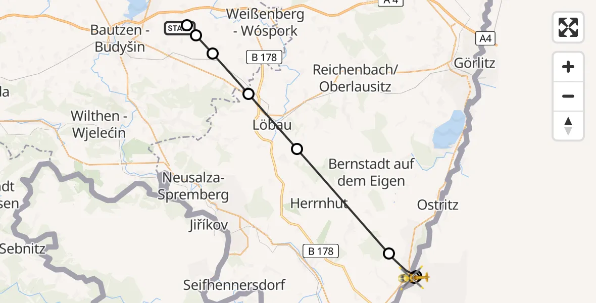 Flugroute Rettungshubschrauber Bautzen Flugplatz - Zittau, 23 Juli 2026, 08:27