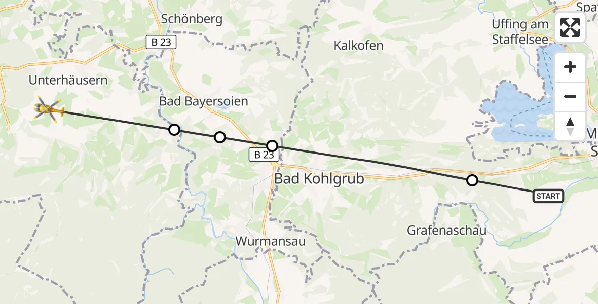 Flugroute Rettungshubschrauber Murnau a.Staffelsee - Wildsteig, 23 Juli 2026, 08:28