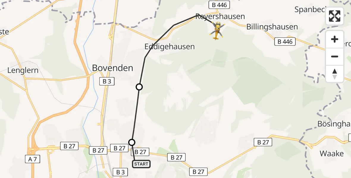 Flugroute Rettungshubschrauber Göttingen University Clinic Hubschrauberlandeplatz - Bovenden, 23 Juli 2026, 08:28