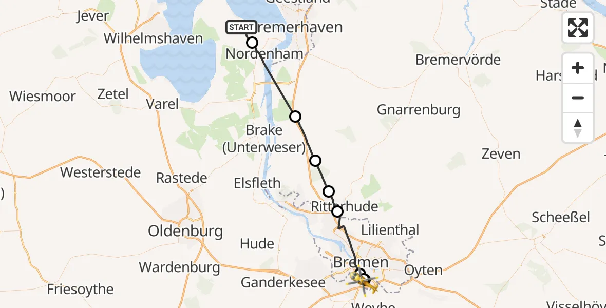 Flugroute Rettungshubschrauber Butjadingen - ADAC Air Rescue Station Bremen Hubschrauberlandeplatz (Christoph 6), 23 Juli 2026, 08:31