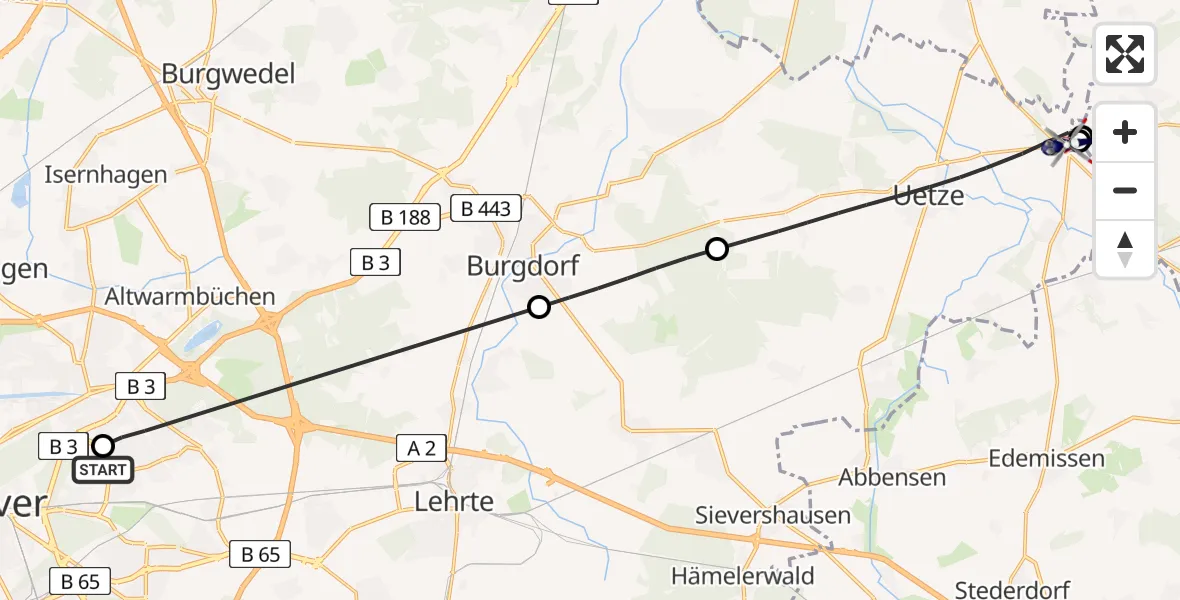 Flugroute Polizeihubschrauber Hannover Luftrettung Hubschrauberlandeplatz (Christoph 4) - Uetze, 23 Juli 2026, 08:31
