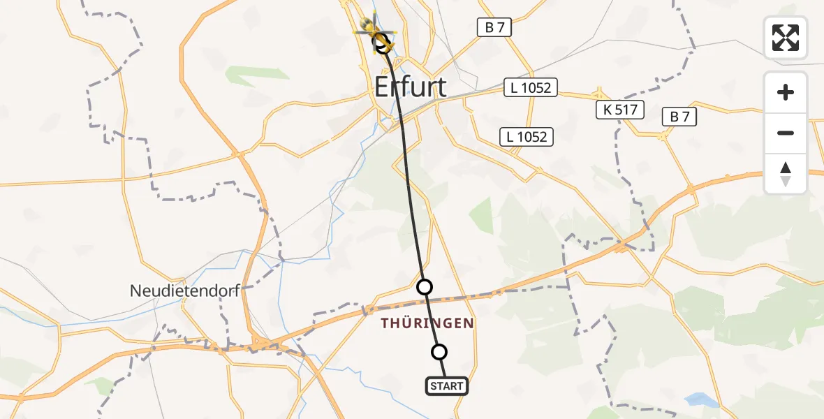 Flugroute Rettungshubschrauber Elxleben - Helios Clinic Erfurt, 23 Juli 2026, 08:36
