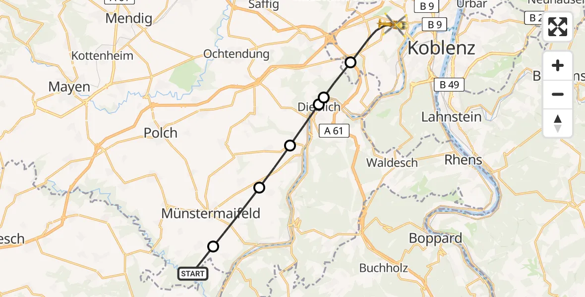 Flugroute Rettungshubschrauber Wierschem - Koblenz, 23 Juli 2026, 08:36