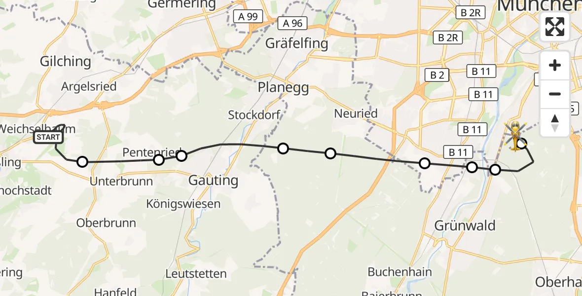 Flugroute Rettungshubschrauber Oberpfaffenhofen Flughafen - ADAC Air Rescue Center Hubschrauberlandeplatz (Christoph 1), 23 Juli 2026, 08:37
