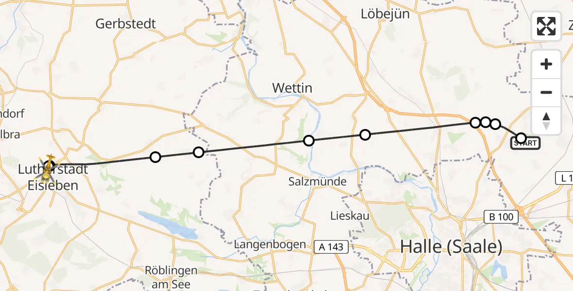 Flugroute Rettungshubschrauber Halle-Oppin Flugplatz - Helios Hospital Lutherstadt Eisleben, 23 Juli 2026, 08:38