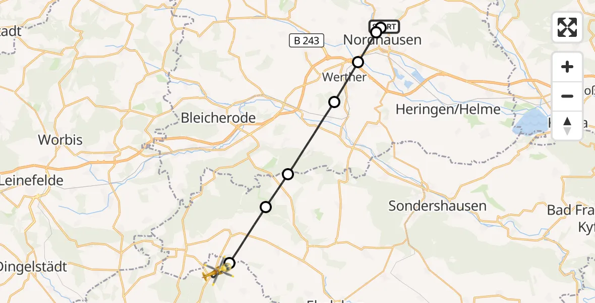 Flugroute Rettungshubschrauber Südharz Hospital Nordhausen - Unstruttal, 23 Juli 2026, 08:42