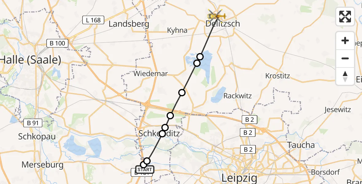 Flugroute Rettungshubschrauber ADAC Air Rescue Station Leipzig/Schkeuditz-Dölzig Hubschrauberlandeplatz (Christoph 61) - Delitzsch, 23 Juli 2026, 08:43