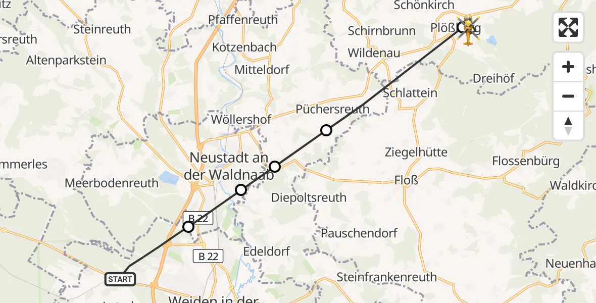 Flugroute Ambulanzhubschrauber Weiden i.d.OPf. - Plößberg, 23 Juli 2026, 08:53
