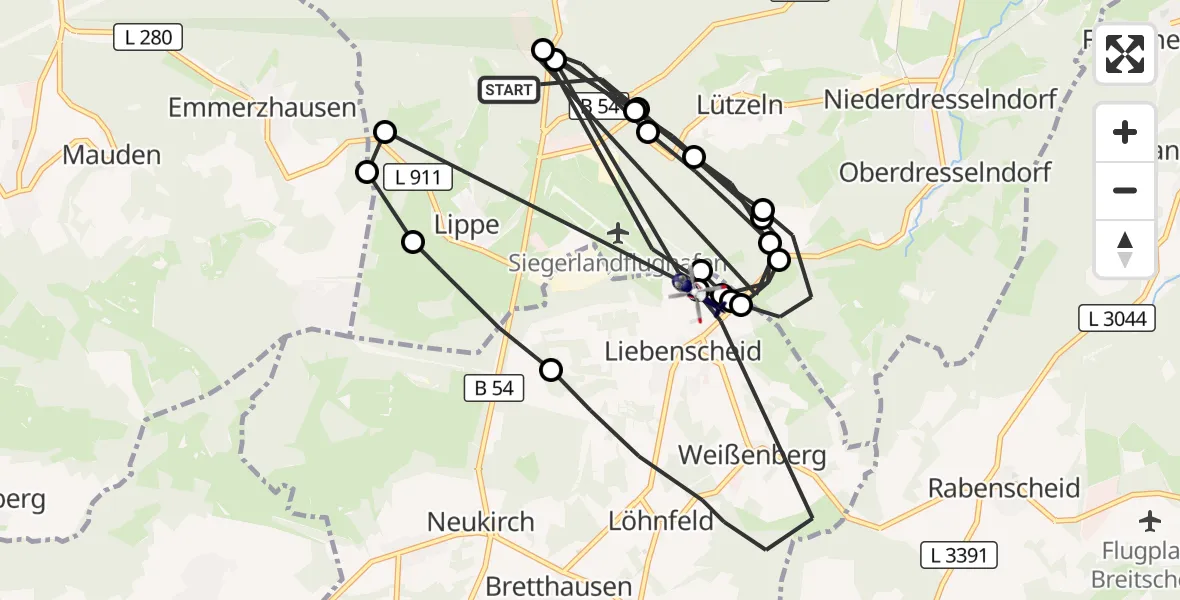 Flugroute Polizeihubschrauber Burbach - Siegerland Flughafen, 23 Juli 2026, 08:55