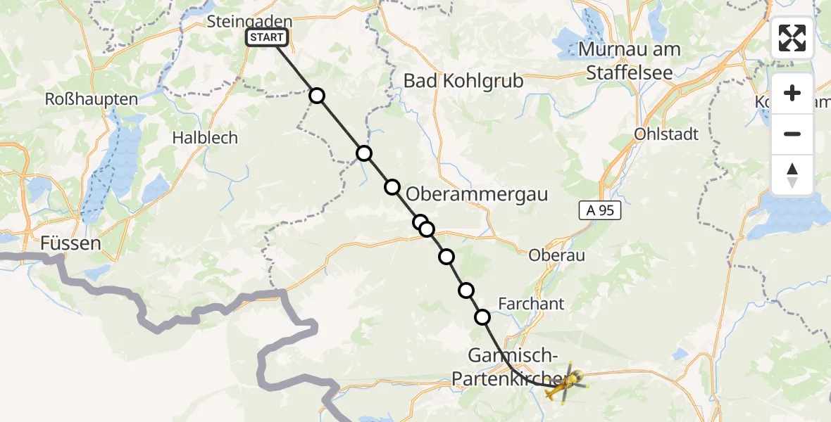 Flugroute Rettungshubschrauber Steingaden - Garmisch-Partenkirchen, 23 Juli 2026, 09:00