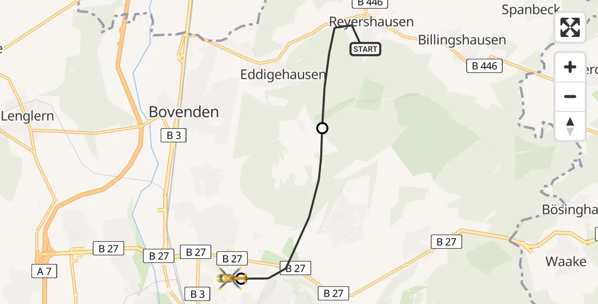 Flugroute Rettungshubschrauber Bovenden - Göttingen University Clinic Hubschrauberlandeplatz, 23 Juli 2026, 09:08