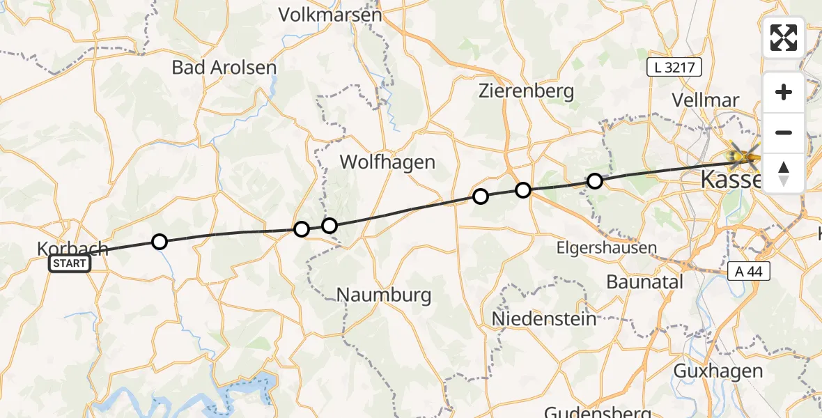 Flugroute Rettungshubschrauber Korbach - Kassel, 23 Juli 2026, 09:09