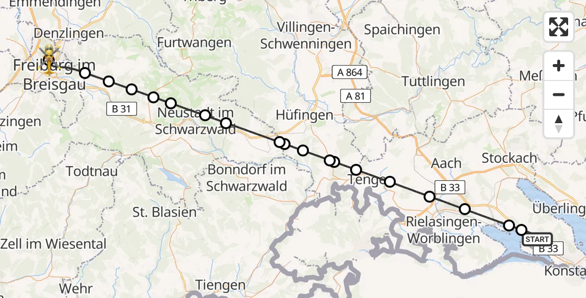 Flugroute Ambulanzhubschrauber Allensbach - Freiburg im Breisgau Flugplatz, 23 Juli 2026, 09:11