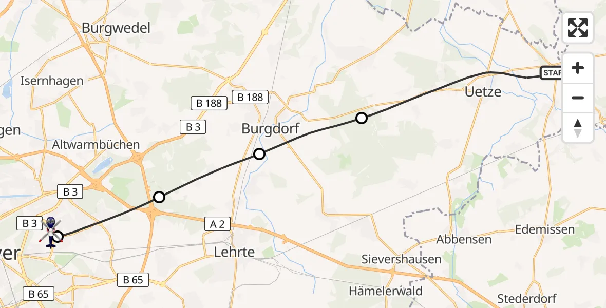 Flugroute Polizeihubschrauber Uetze - Hannover Luftrettung Hubschrauberlandeplatz (Christoph 4), 23 Juli 2026, 09:12