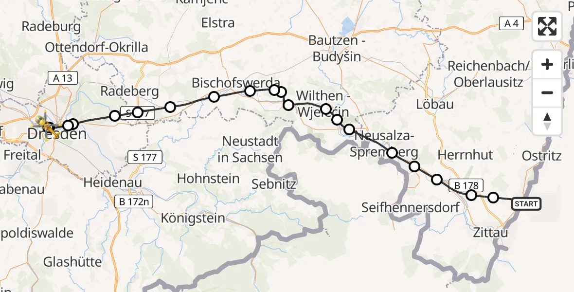Flugroute Rettungshubschrauber Zittau - Dresden Friedrichstadt Hospital, 23 Juli 2026, 09:13
