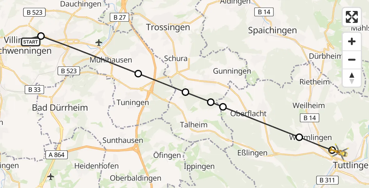 Flugroute Ambulanzhubschrauber DRF Air Rescue Station Villingen-Schwenningen Hubschrauberlandeplatz (Christoph 11) - Tuttlingen, 23 Juli 2026, 09:15