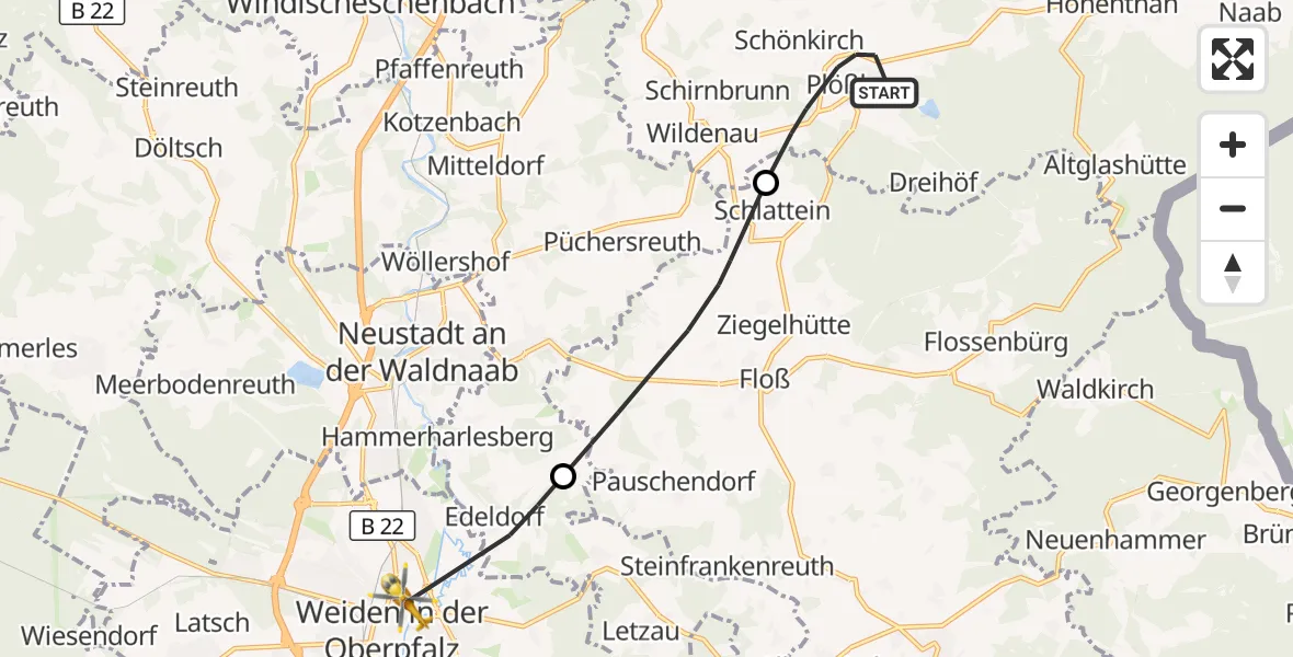 Flugroute Ambulanzhubschrauber Plößberg - Weiden Hospital, 23 Juli 2026, 09:19