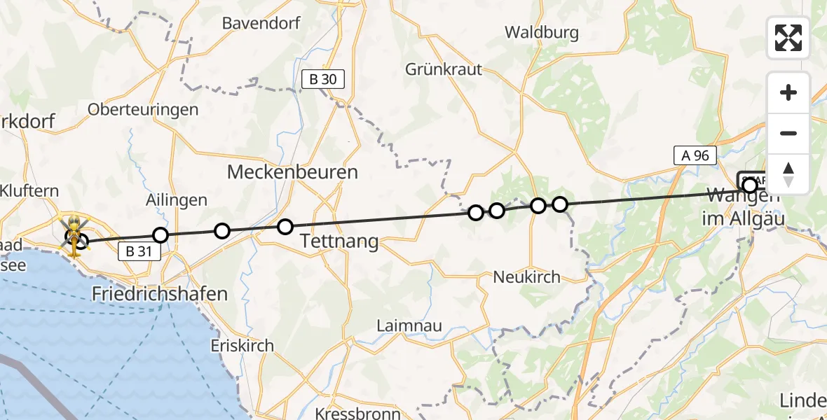 Flugroute Rettungshubschrauber Westallgäu Clinic Wangen Hubschrauberlandeplatz - Friedrichshafen Hospital, 23 Juli 2026, 09:19