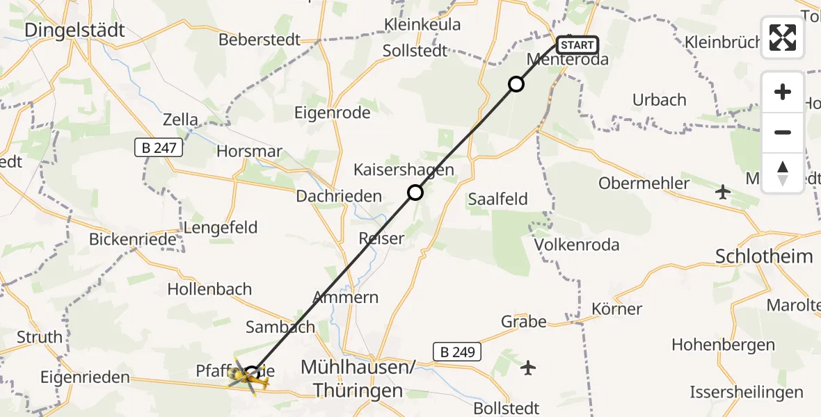 Flugroute Rettungshubschrauber Unstruttal - Mühlhausen/Thüringen, 23 Juli 2026, 09:20