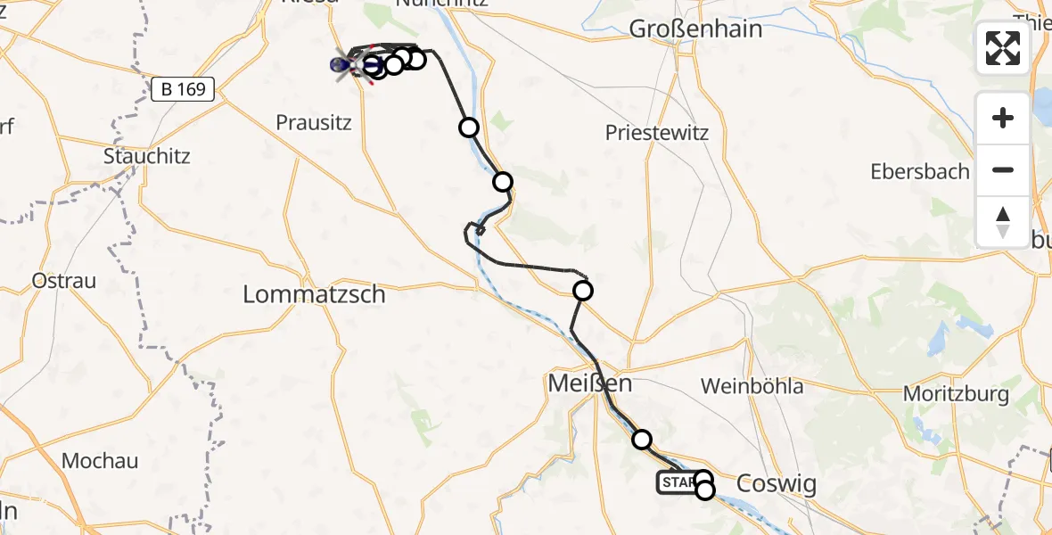 Flugroute Polizeihubschrauber Klipphausen - Riesa, 23 Juli 2026, 09:20