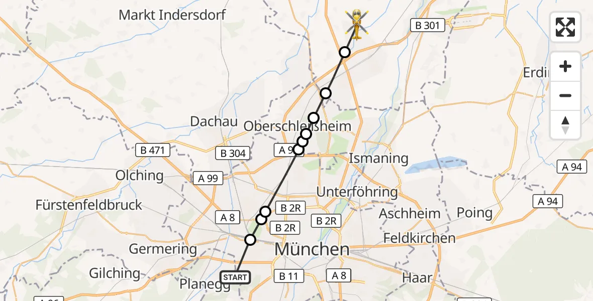Flugroute Rettungshubschrauber DRF Air Rescue München Hubschrauberlandeplatz - Neufahrn b.Freising, 23 Juli 2026, 09:23