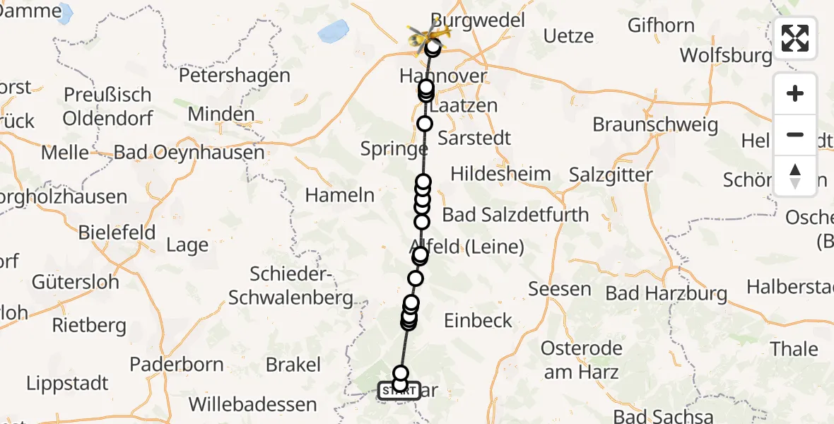 Flugroute Rettungshubschrauber Solling (Landkreis Northeim) - Flughafen Hannover, 23 Juli 2026, 09:25