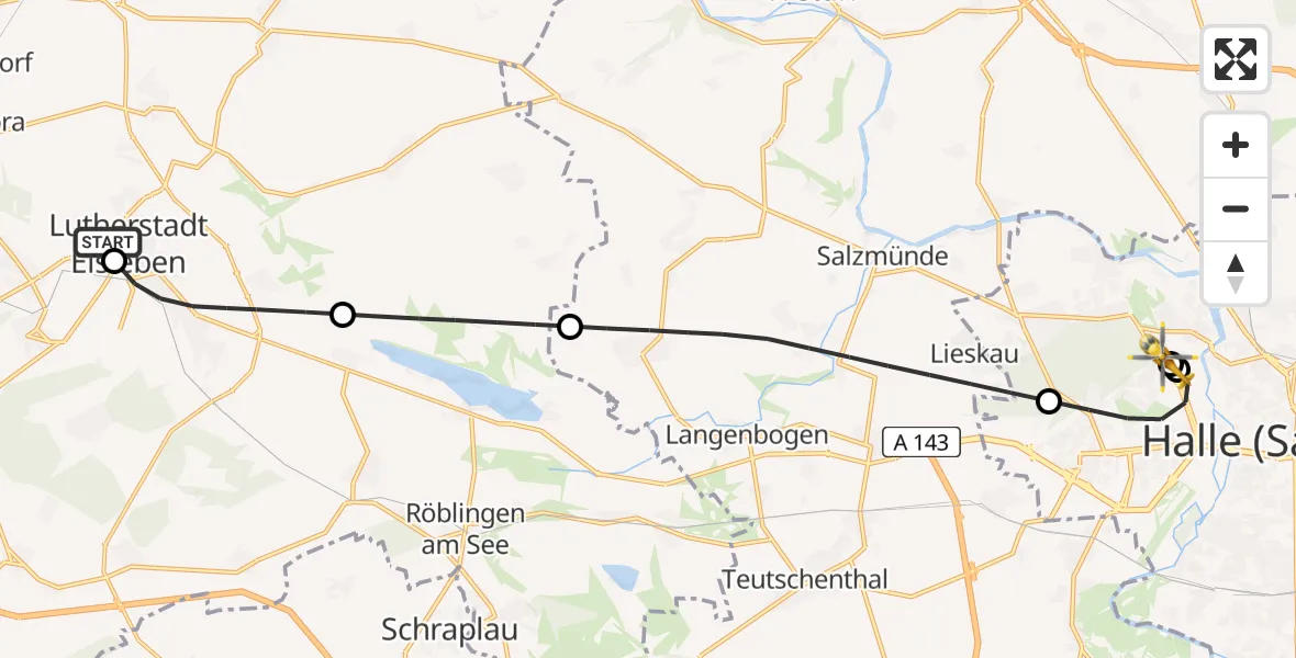 Flugroute Rettungshubschrauber Helios Hospital Lutherstadt Eisleben - Halle (Saale) University Hospital, 23 Juli 2026, 09:25