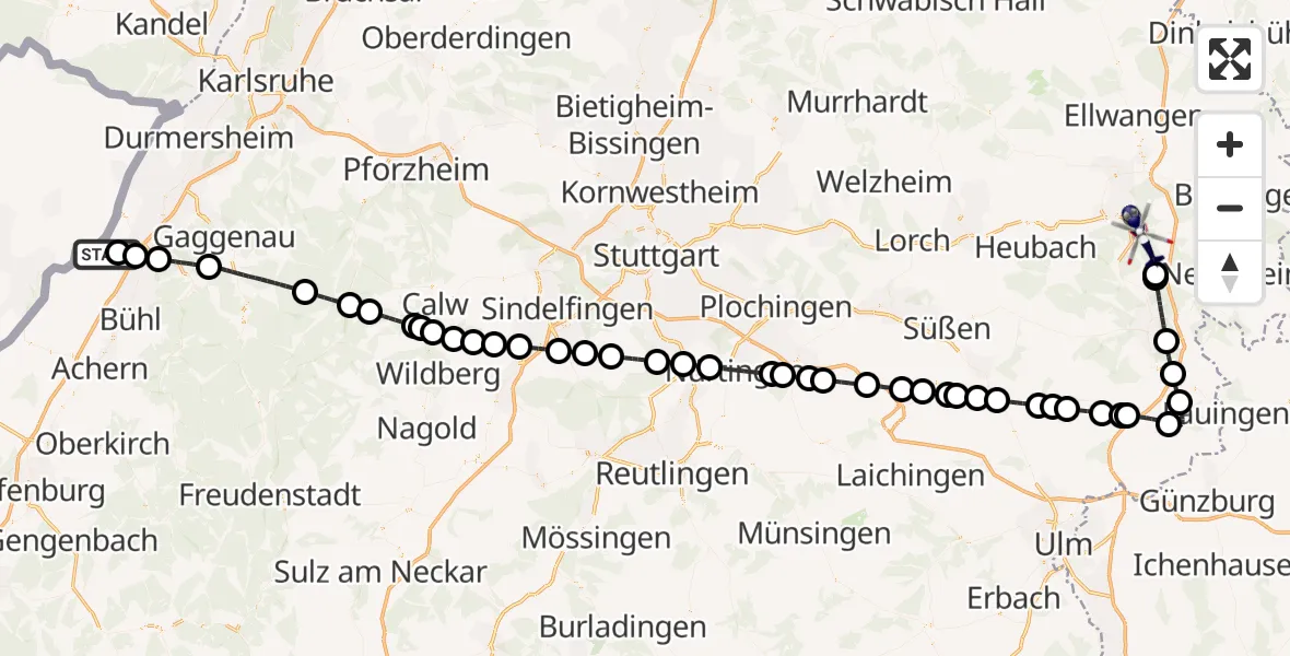 Flugroute Polizeihubschrauber Karlsruhe Baden-Baden Flughafen - Aalen, 23 Juli 2026, 09:27