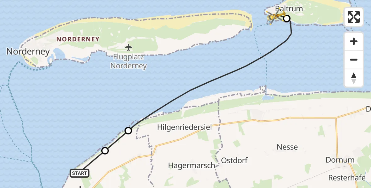 Flugroute Ambulanzhubschrauber Noordzee - Baltrum Flughafen, 23 Juli 2026, 09:27