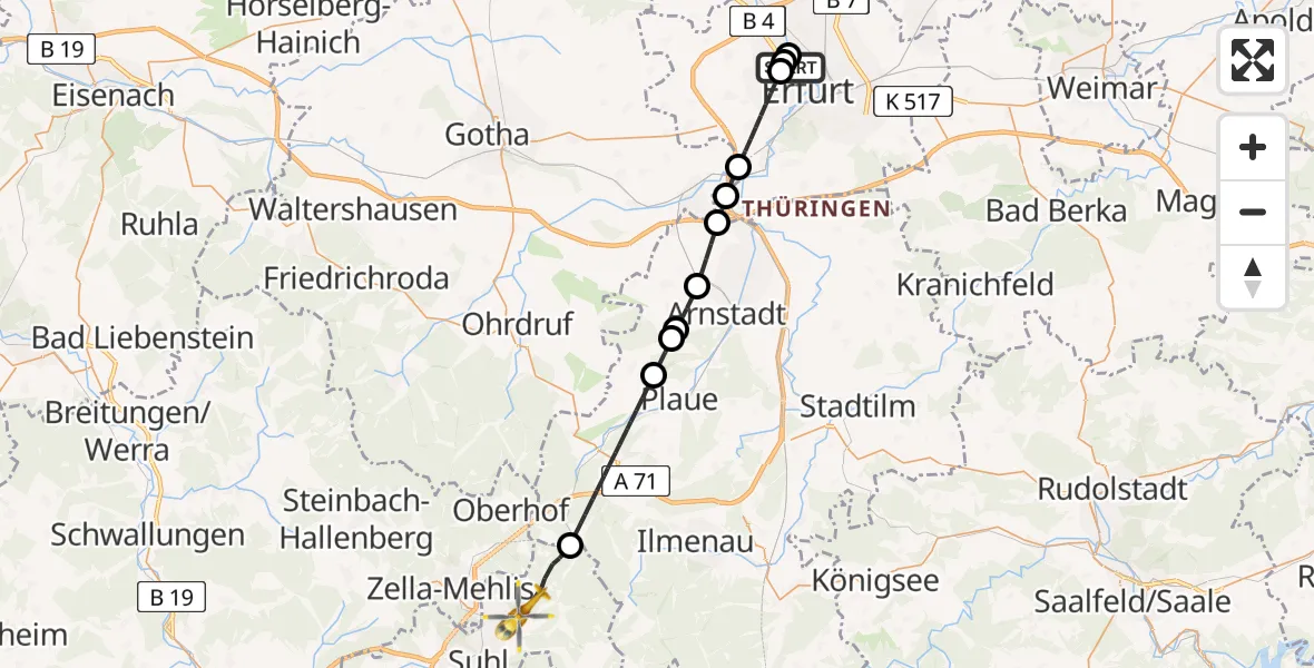 Flugroute Rettungshubschrauber Helios Clinic Erfurt - Suhl, 23 Juli 2026, 09:31