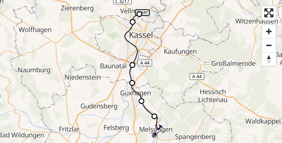 Flugroute Polizeihubschrauber Fuldatal Bundespolizei Hubschrauberlandeplatz - Melsungen, 23 Juli 2026, 09:35