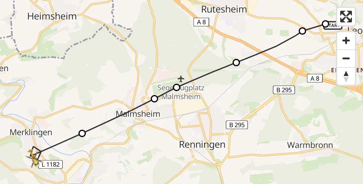 Flugroute Rettungshubschrauber Leonberg Hospital - Weil der Stadt, 23 Juli 2026, 09:37