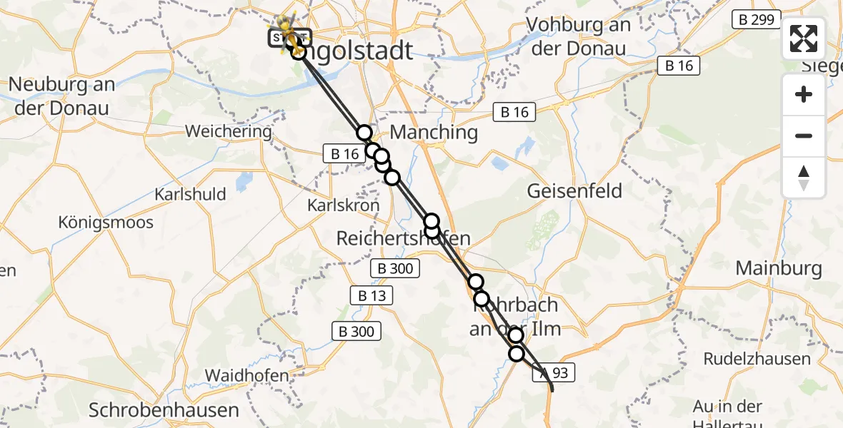 Flugroute Rettungshubschrauber Ingolstadt Hospital - Ingolstadt Hospital, 23 Juli 2026, 09:38
