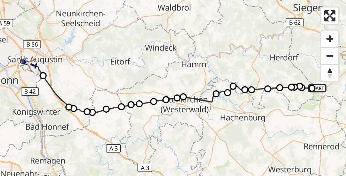 Flugroute Polizeihubschrauber Burbach - Sankt Augustin, 23 Juli 2026, 09:41