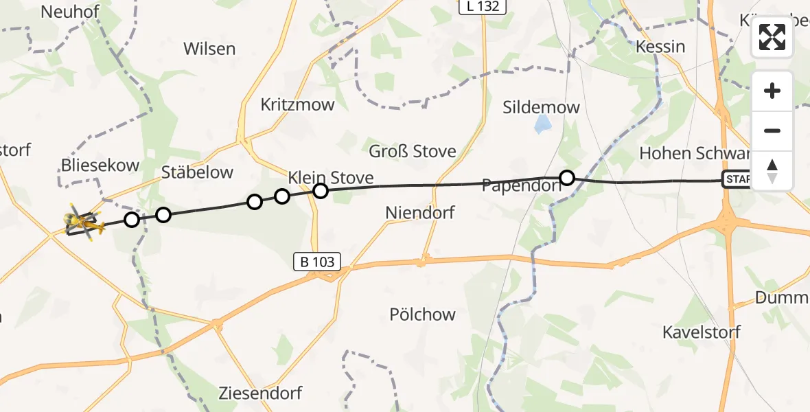 Flugroute Ambulanzhubschrauber Dummerstorf - Satow, 23 Juli 2026, 09:43
