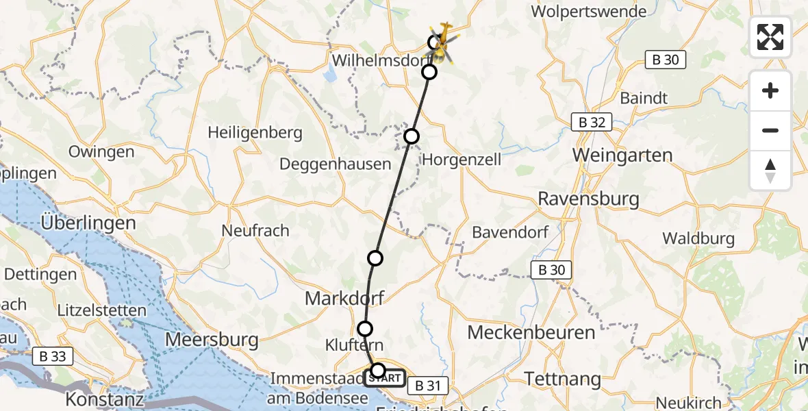 Flugroute Rettungshubschrauber Friedrichshafen Hospital - Fleischwangen, 23 Juli 2026, 09:46