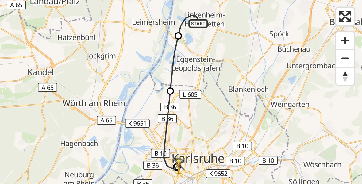 Flugroute Ambulanzhubschrauber Linkenheim-Hochstetten - Sankt Vincentius Hospital, 23 Juli 2026, 09:48