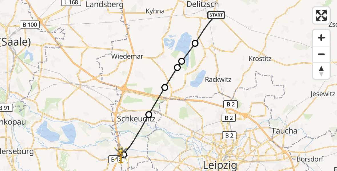 Flugroute Rettungshubschrauber Delitzsch - ADAC Air Rescue Station Leipzig/Schkeuditz-Dölzig Hubschrauberlandeplatz (Christoph 61), 23 Juli 2026, 09:49