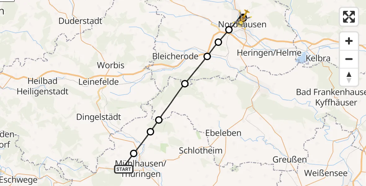 Flugroute Rettungshubschrauber Mühlhausen/Thüringen - Südharz Hospital Nordhausen, 23 Juli 2026, 09:54